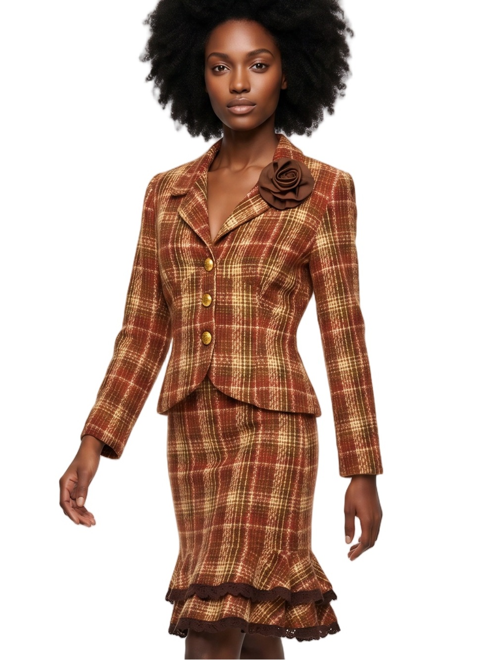 VINTAGE Rust Brown Cream Tweed Plaid Suit Waistcoat Midi Skirt Ruffles Empire